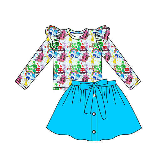 Baby Girl Rainbow Cartoon Tops Blue Skirt Set