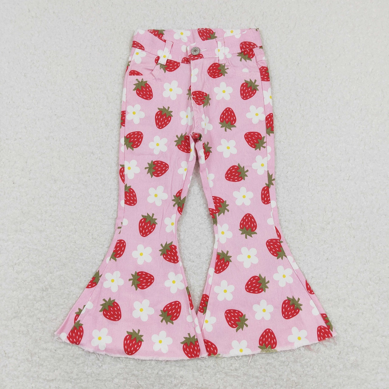 P0396 Baby Girl Strawberry Floral Pink Denim Jeans Bell Pants