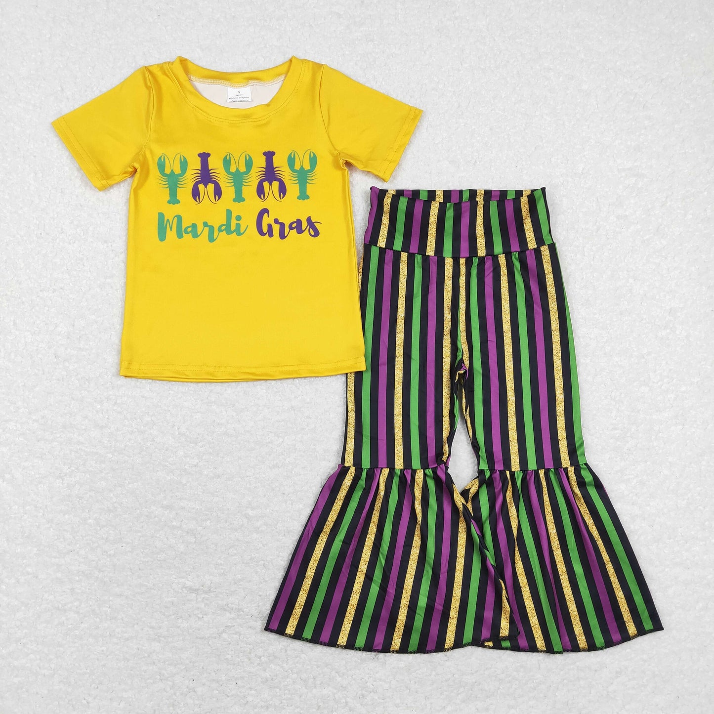 GSPO1392 Mardi Gras Baby Girl Yellow Short Sleeves Grawfish Shirt Stripes Bell Pants Set