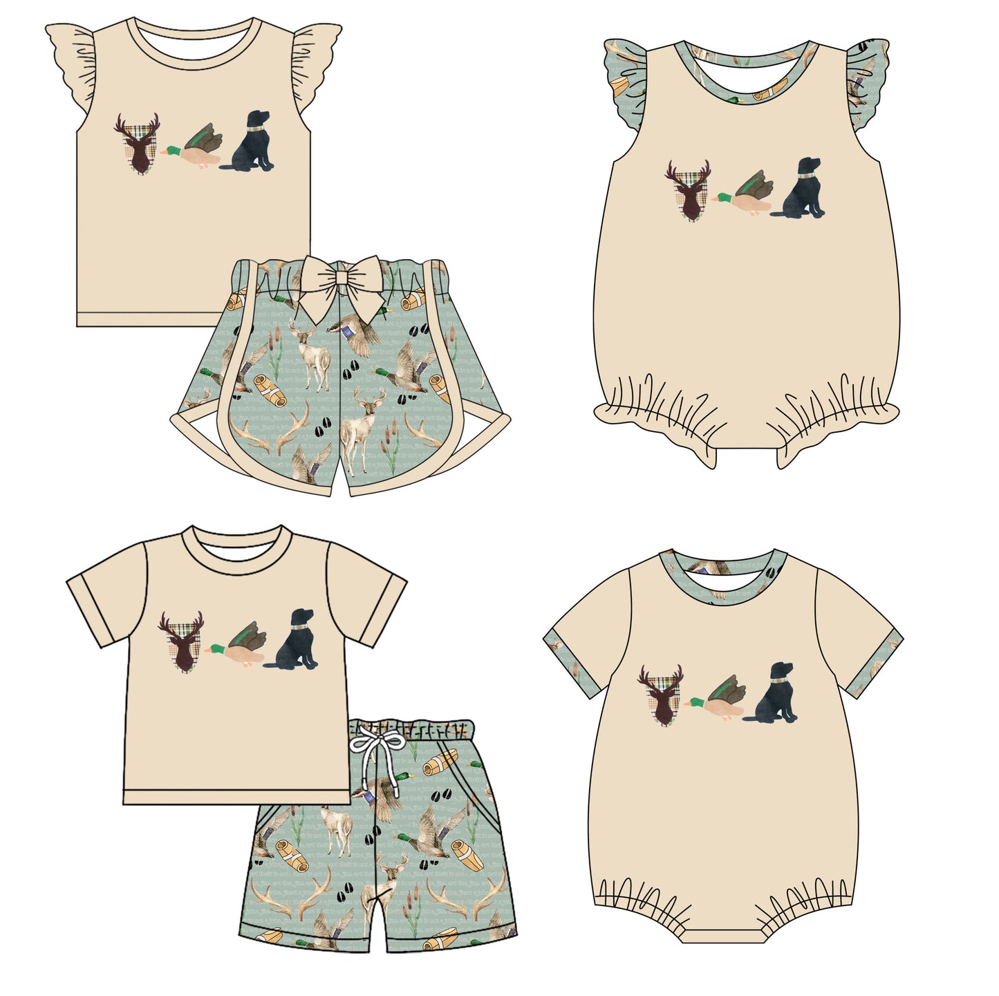 Baby Boy Girl Short Sleeves Deer Dogs Ducks Hunting Sibling Romper Clothes Set ( Moq 5 Each style ) 11.26