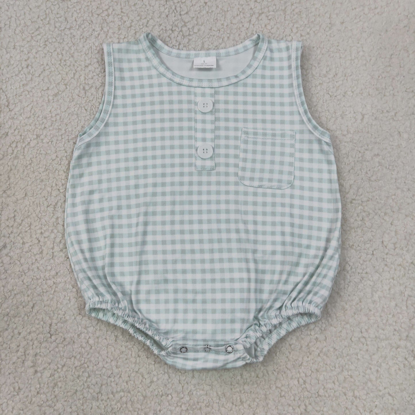 Baby Boy Infant Sleeveless Green Plaid Pocket Summer Bubble Romper RTS