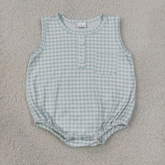 Baby Boy Infant Sleeveless Green Plaid Pocket Summer Bubble Romper RTS