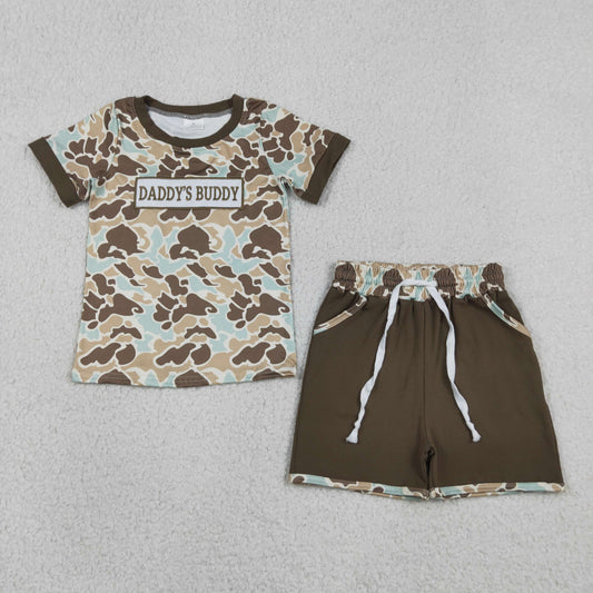 Baby Boys Embroidery Daddy's Buddy Green Brown Camo Shirt Pockets Shorts Clothes Set RTS