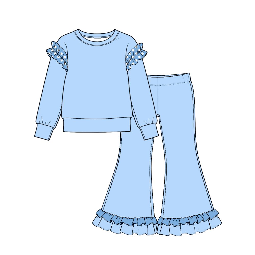 ( Moq 5 ) Preorder Baby Girls Kids Long Sleeves Blue Shirt Ruffle Pants Cotton Set Clothes