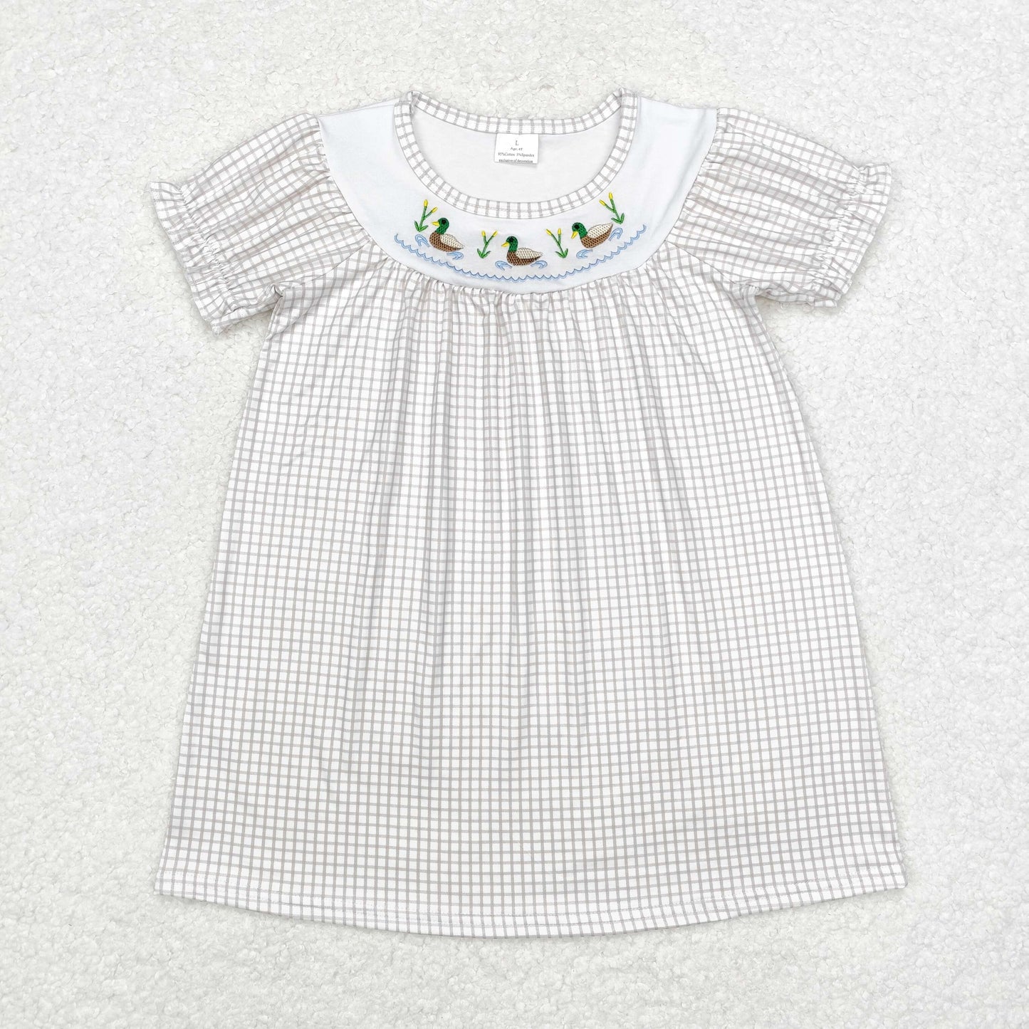 Baby Girl Short Sleeves Checkered Embroidery Ducks Dress