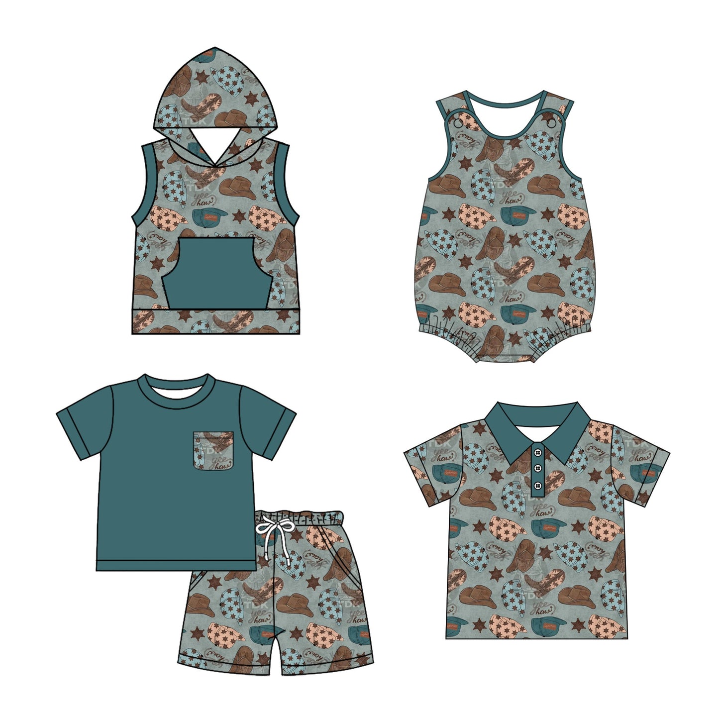 Baby Boy Western Boots Hats Sibling Romper Shirt Set ( Moq 5 Each Style ) 2.10