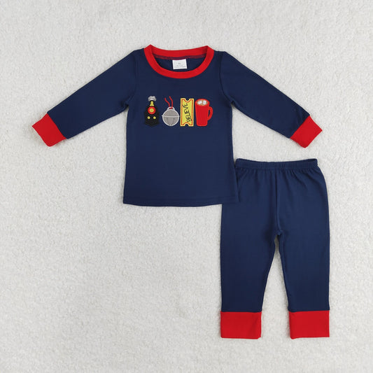 Baby Boy Christmas Embroidery Train Shirts Ruffle Pants Pajamas Set