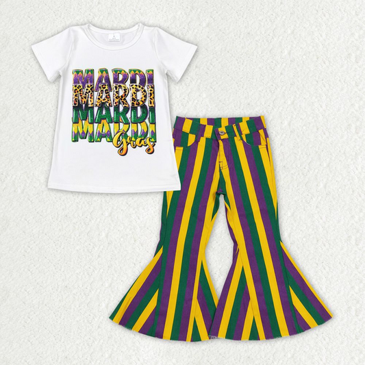 Baby Girl White Short Sleeves Mardi Gras Shirt Stripes Denim Jeans Pants Clothes Set