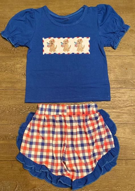 Moq 3 Pre-order GSSO0476 Baby Girl Dogs Bue Shirt Plaid Ruffle Shorts July 4th Set