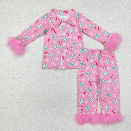 Baby Girl Christmas Fur Candy Buttons Shirt Pants Pink Set Pajamas