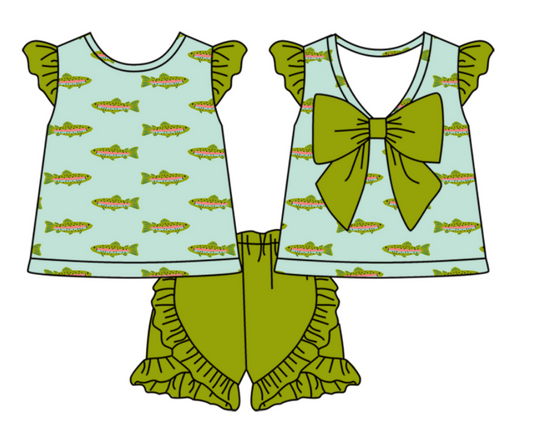 Baby Boy Girl Short Sleeves Fish Sibling Matching Dress Romper Green Clothes Set Moq 5 Each style