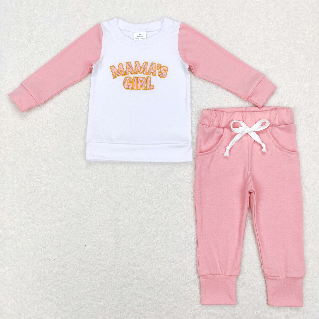 GLP1075 Baby Kids Long Sleeves Embroidery Mama's Girl Shirt Pocket Pink Pants Cotton Set