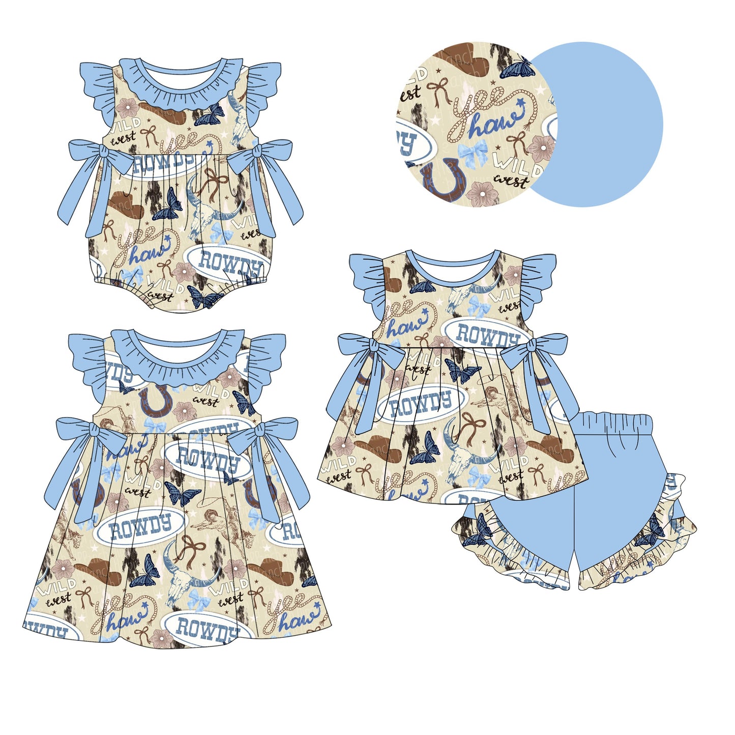 Baby Girl Western Howdy Blue Bows Sibling Romper Dress Set ( Moq 5 Each Style ) 2.10