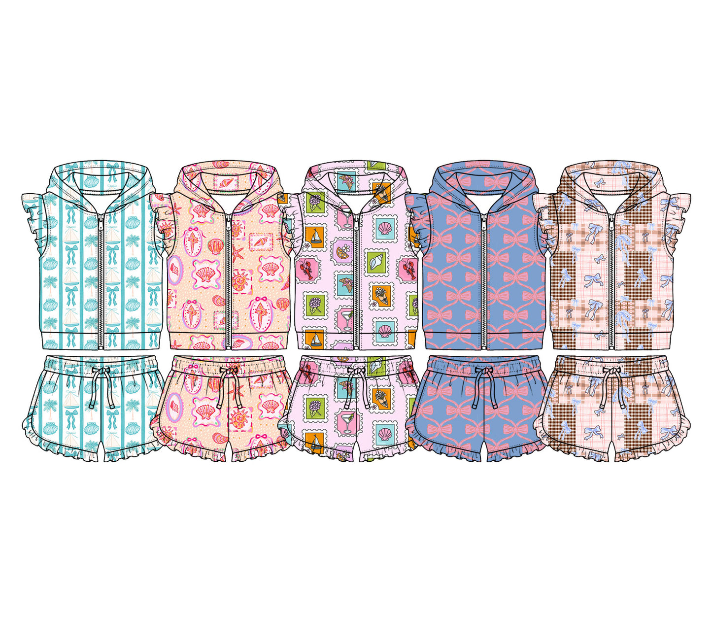 ( Moq 5 Each Style ) Sibling Baby Girls Kids Short Sleeves Bows Zipper Hoodie Tops Shorts Sets Clothes