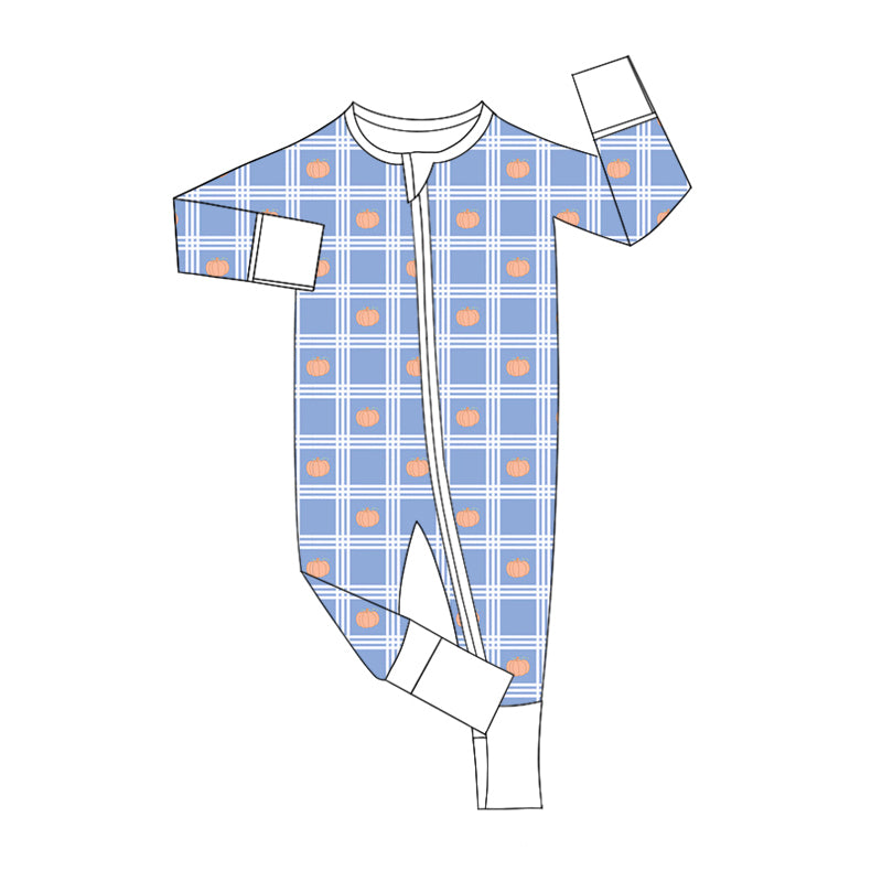 Baby Boy Infant Long Sleeves Fall Pumpkin Plaid Zipper Romper