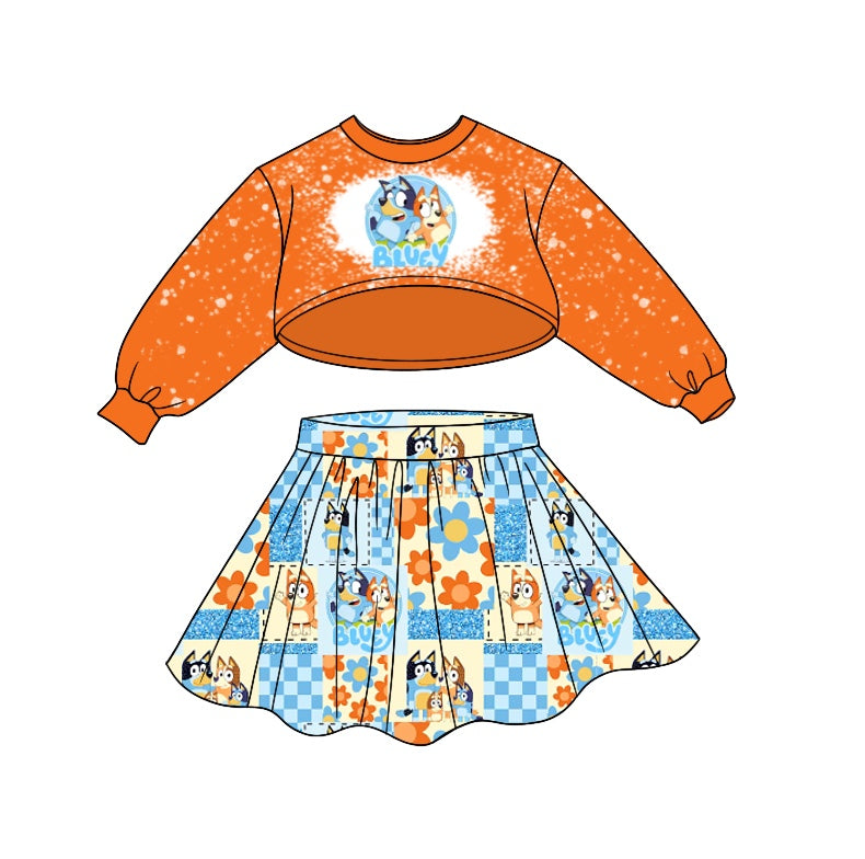 Baby Girl Orange Long Sleeves Tops Dogs Flower Skirt Outfit Moq 5