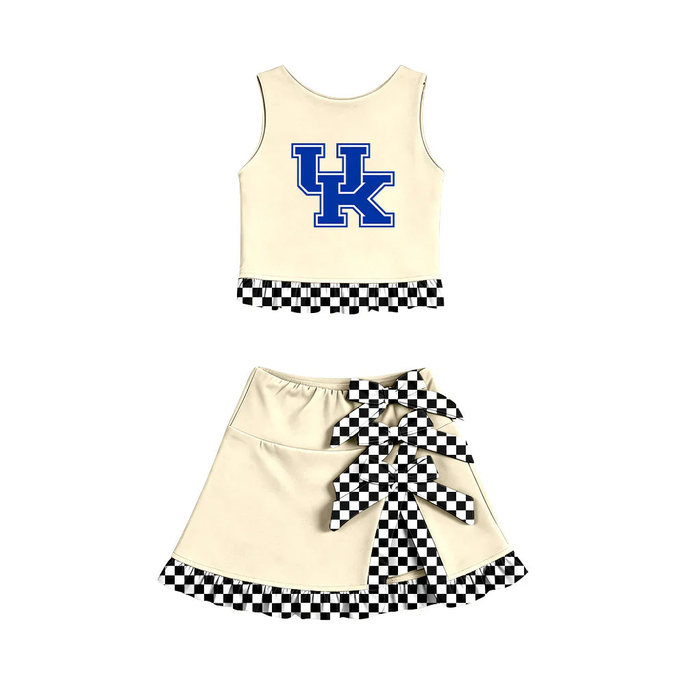 ( Moq 5 ) Sibling Baby Girls Kids Sleeveless Cheer UK Vest Checked Bows Skirt Shorts Team Set Clothes