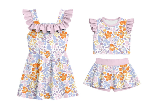 ( Moq 5 Each Style ) Baby Girls Kids Short Sleeves Flower Sibling Summer Ruffle Dress Set