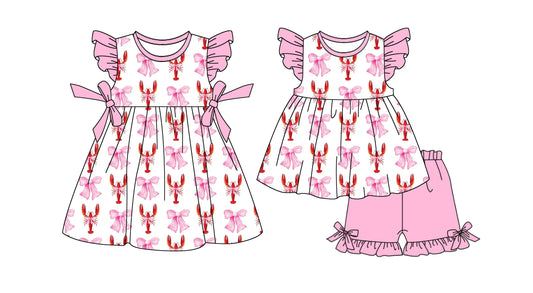 Baby Girl Crawfish Pink Bows Sibling Dress Set ( Moq 5 Each Style ) 1.10