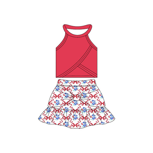( Moq 10 ) Baby Girl Sleeveless Red Vest Flowers Bows Ruffle Shorts Skirts Activity Wear Yoga Set