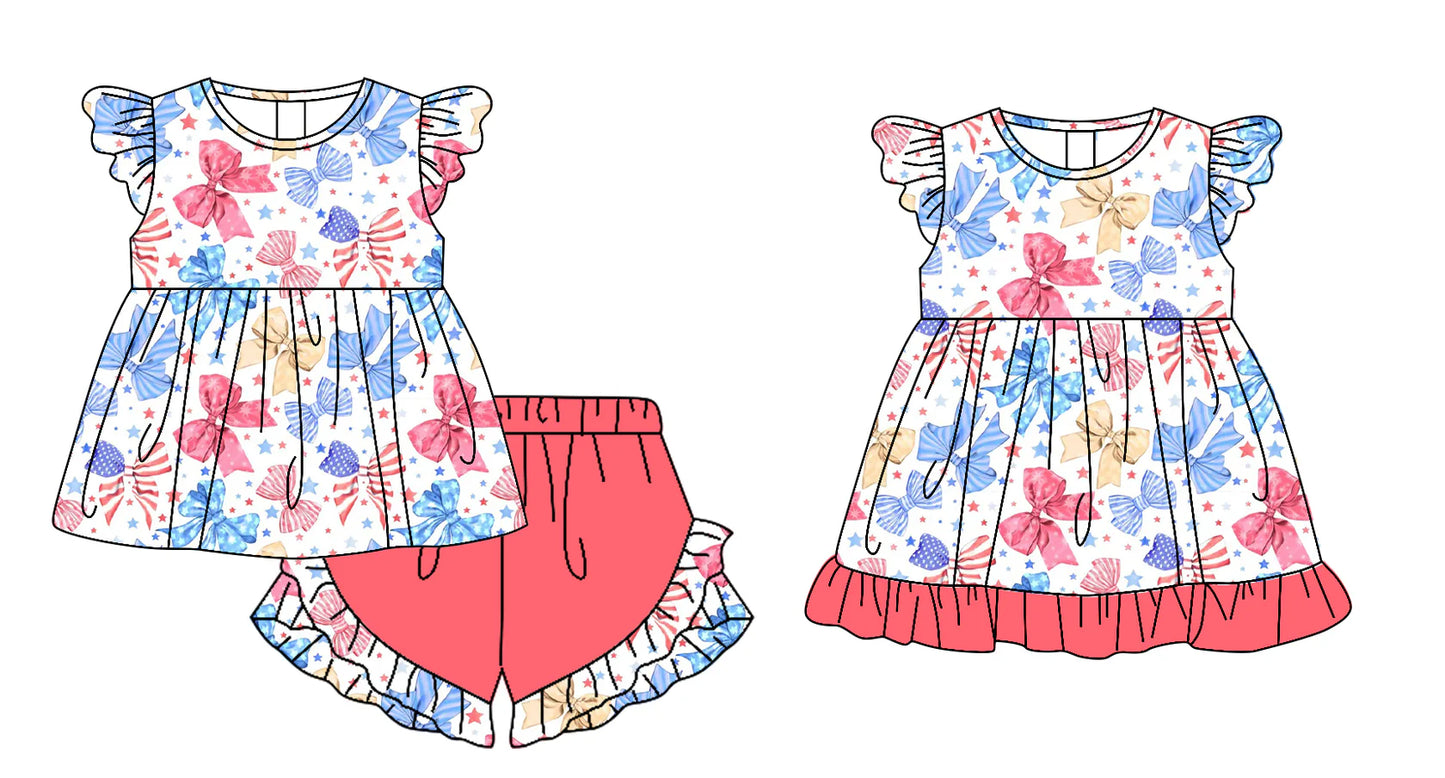 ( Moq 5 Each Style ) Baby Girls Kids Short Sleeves Bows Sibling 4th of July Dress Set