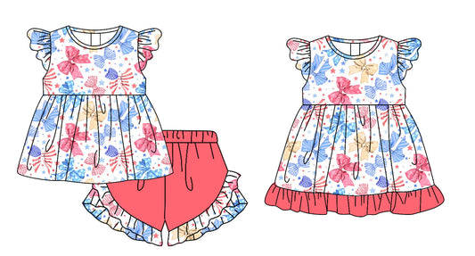 ( Moq 5 Each Style ) Baby Girls Kids Short Sleeves Bows Sibling 4th of July Dress Set