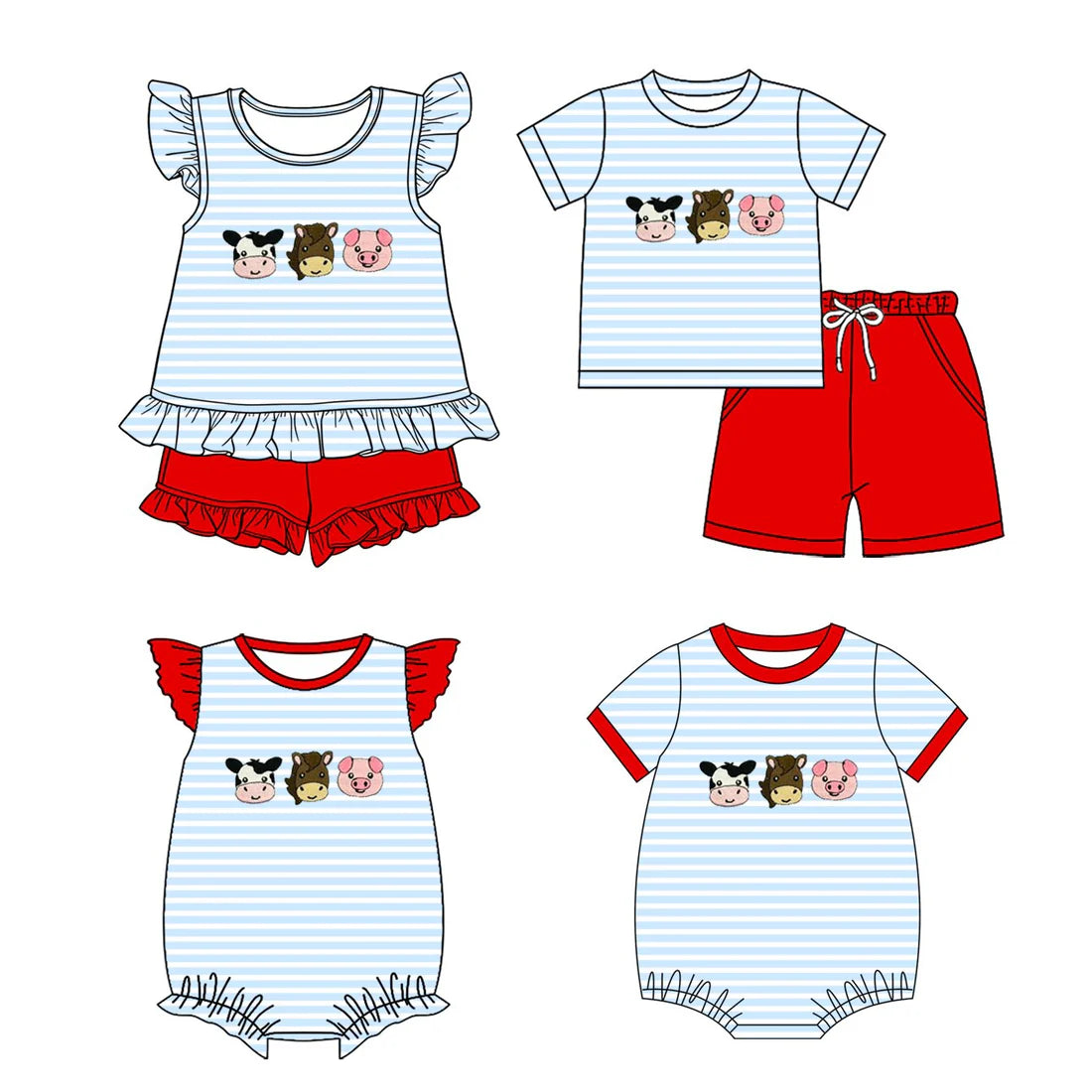 ( Moq 5 Each Style ) Sibling Baby Boys Girls Toddler Short Sleeves Farm Animals Rompers Sets Clothes