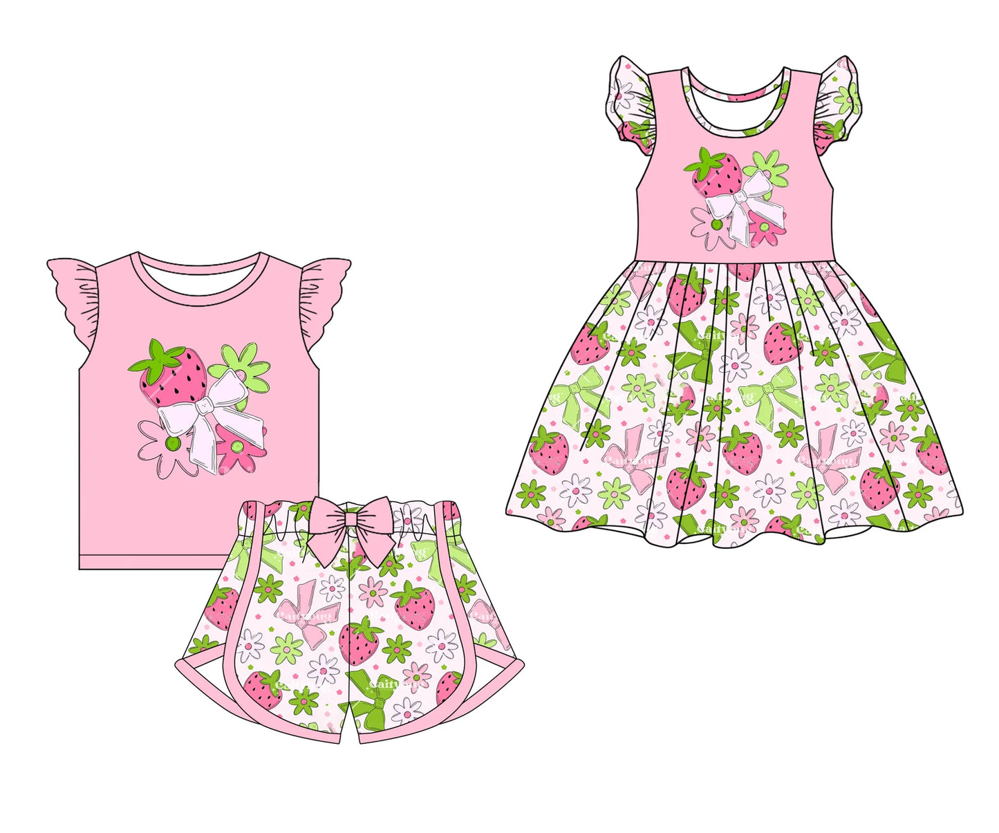 ( Moq 5 Each Style ) Baby Girls Kids Short Sleeves Strawberry Flower Bows Sibling Dress Set