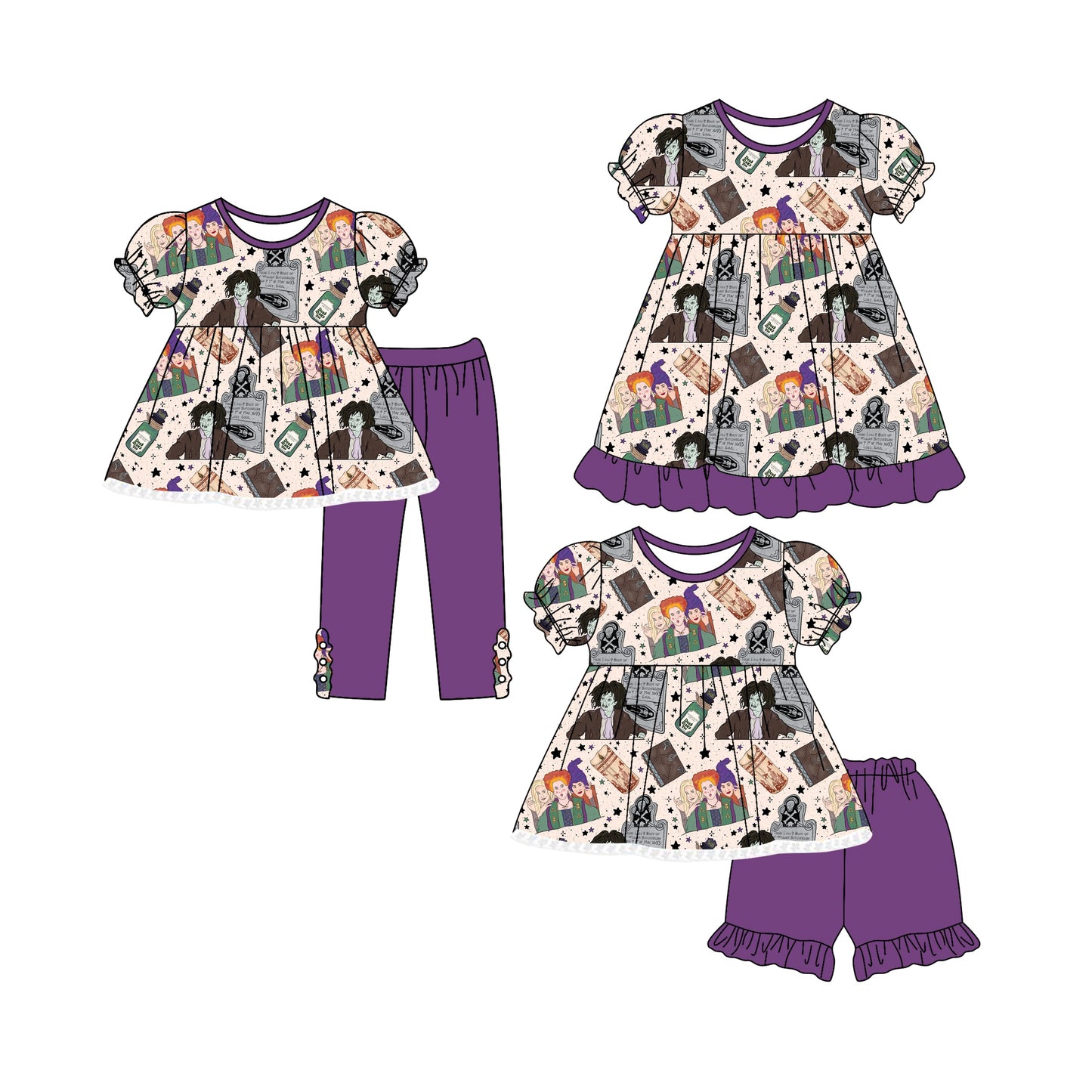( Moq 5 Each Style ) Baby Girl Short Sleeves Halloween Purple Sibling Romper Dress Set 4.25