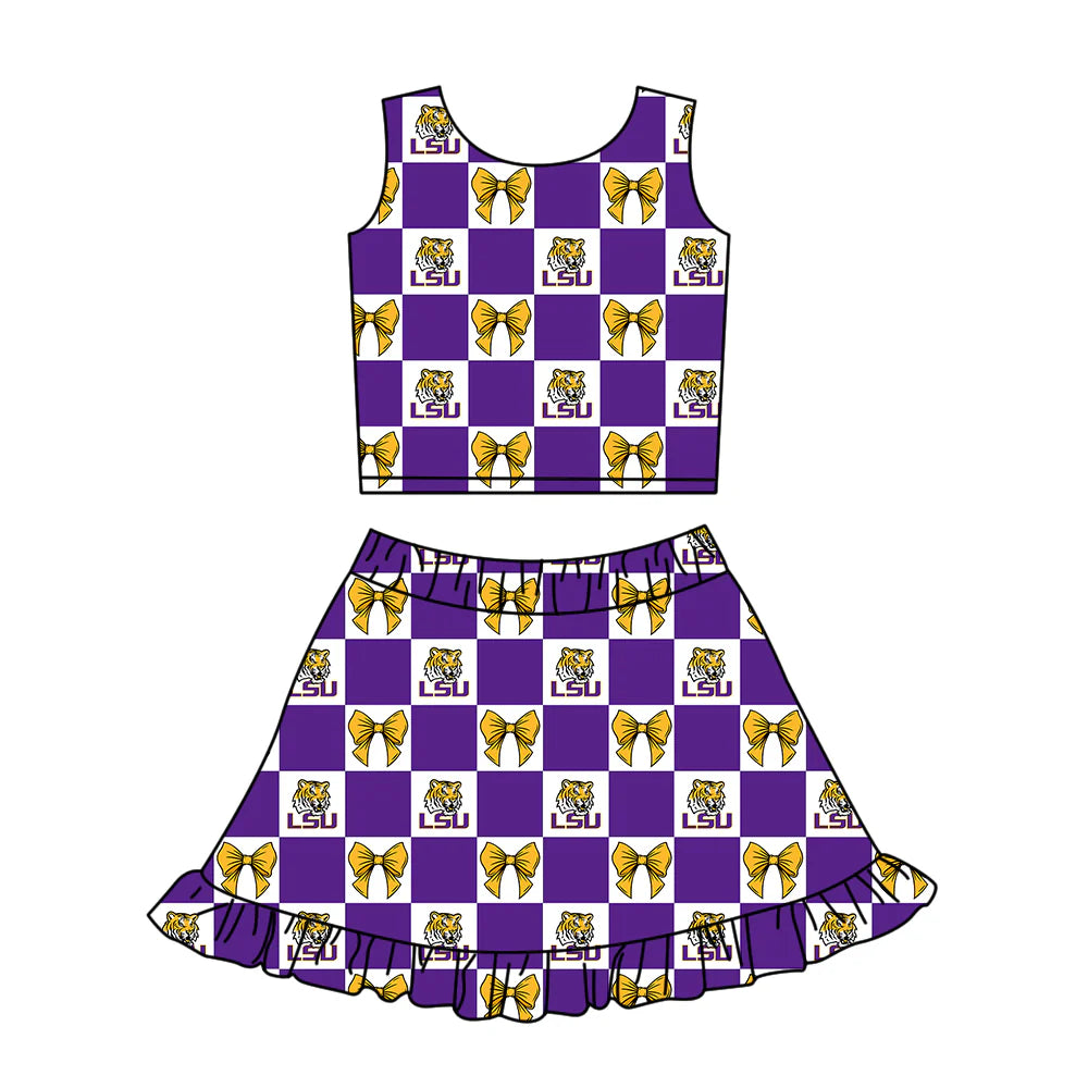 ( Moq 5 Each Style ) Baby Girls Kids Toddler Tigers Bows Purple Plaid Tops Shorts Ruffle Skirt Team Set
