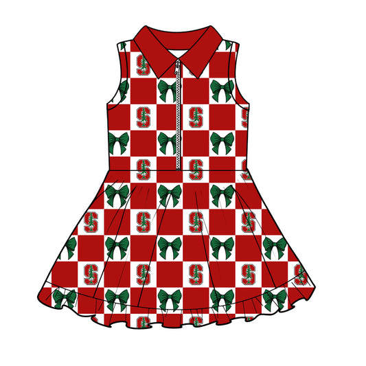 ( Moq 5 ) Baby Girls Kids Sleeveless Tree Bows Checked Team Zipper Shorts Knee Length Dress