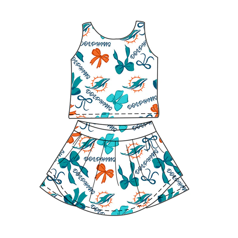 ( Moq 5 each style ) Baby Girl Toddler Team Orange Blue Bows Sibling Skort Dress Set 6.5