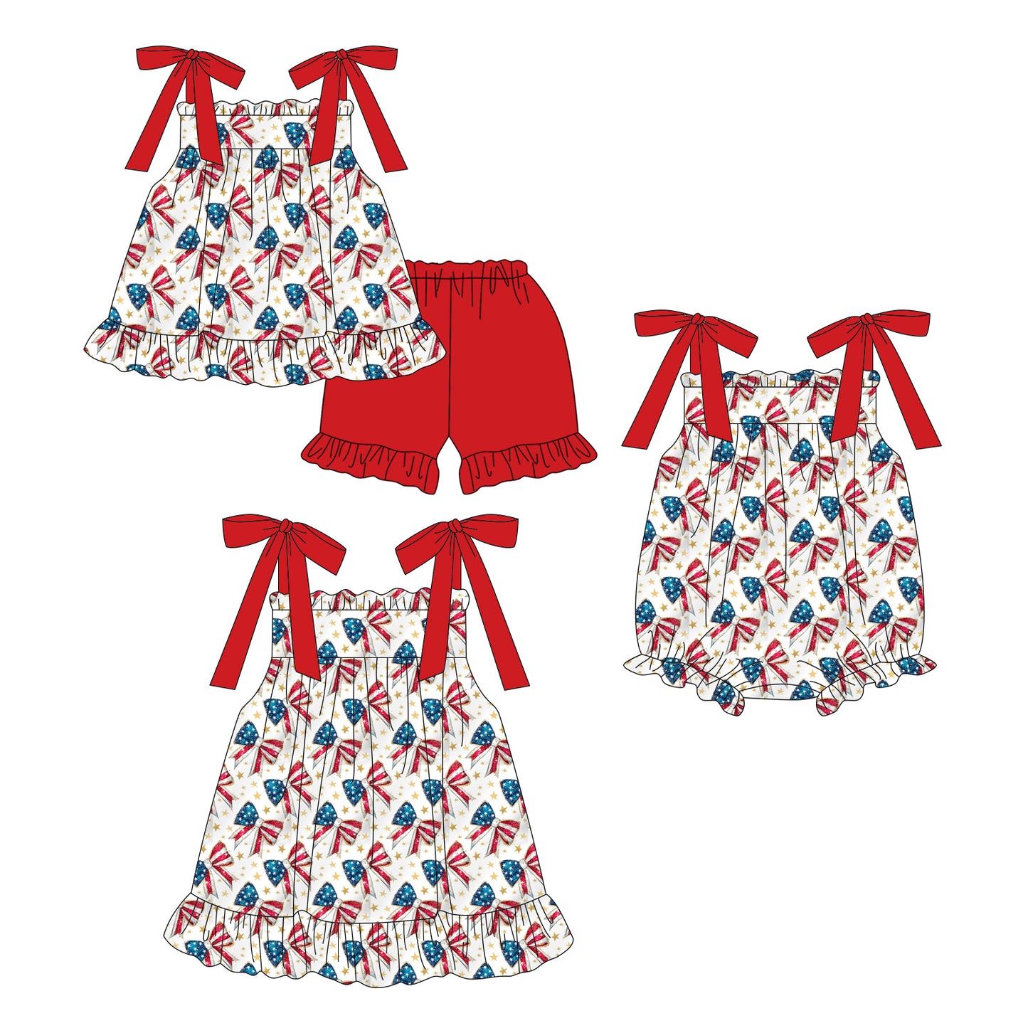 ( Moq 5 Each Style ) Sibling Baby Girls Kids Bows Stars Romper Dress Set 4th of July Clothes