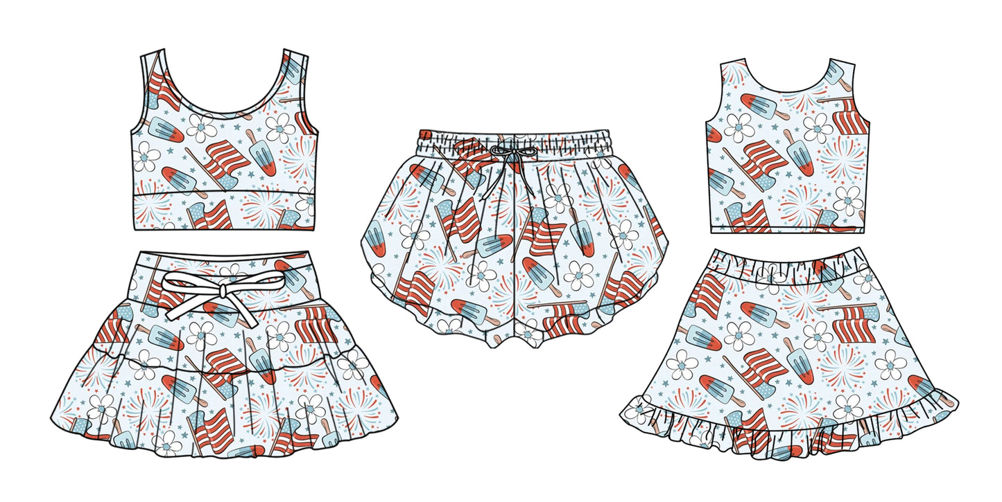 ( Moq 5 Each Style ) Baby Girls Kids Flags Popsicle 4th of July Sibling Shorts Sets Clothes
