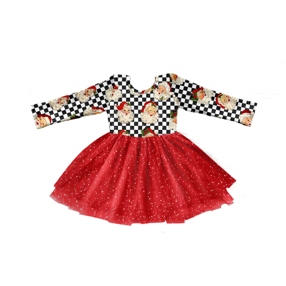 Baby Girl Long Sleeves Christmas Santa Checkered Tulle Dress