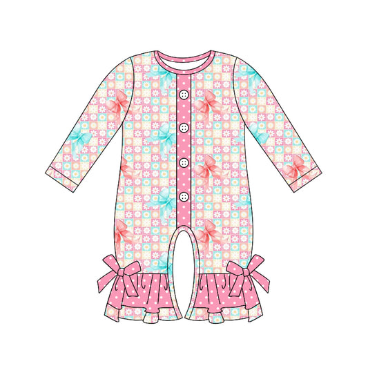 Baby Girl Long Sleeves Flower Bows Plaid Ruffle Romper