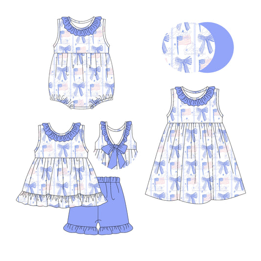 Baby Girl July 4th Flags Bows Blue Sibling Romper Dress Set ( Moq 5 Each Style ) 2.25