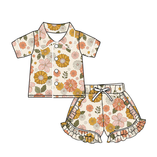 Baby Girl Short Sleeves Flower Buttons Shirt Shorts Pajamas Set Moq 5