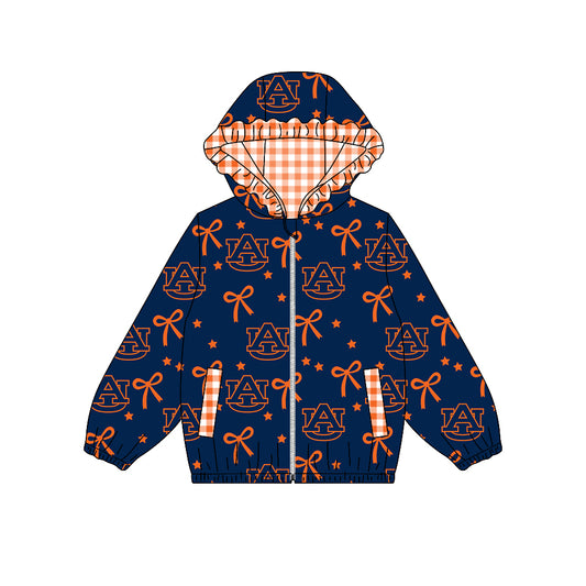 ( Moq 5 ) Custom Baby Girl Kids Bows Pockets Zipper Ruffle Hoodie Navy Coat Team Tops