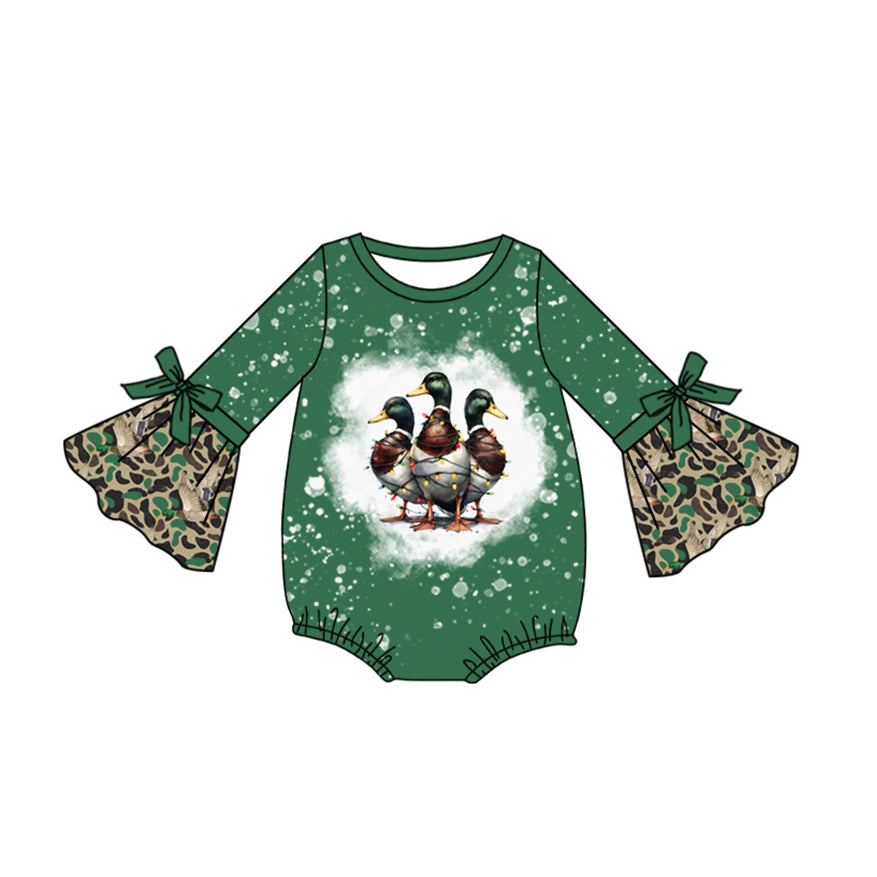 Baby Girl Infant Long Sleeves Christmas Ducks Lights Green Bubble Romper