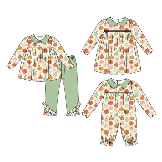 ( Moq 5 Each Style ) Sibling Baby Girls Kids Long Sleeves Pumpkins Bows Romper Dress Set Fall Clothes
