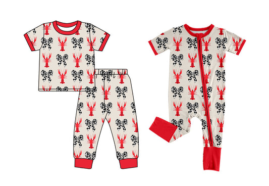 ( Moq 5 Each Style ) Girls Toddler Short Sleeves Crawfish Plaid Bows Sibling Romper Pajamas Set
