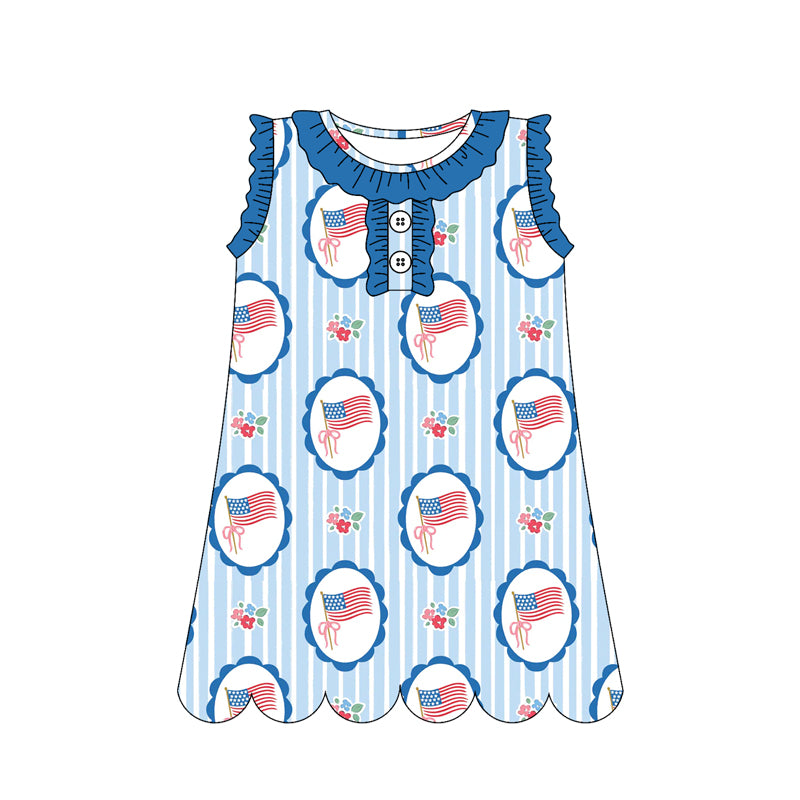 ( Moq 5 Each Style ) Sibling Baby Girls Kids Bows Flags Flower 4th of July Knee Length Dresses