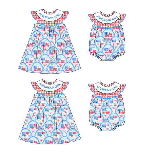 ( Moq 5 Each Style ) Baby Girl 4th Of July Flags Bows Sibling Summer Romper Dress 4.22