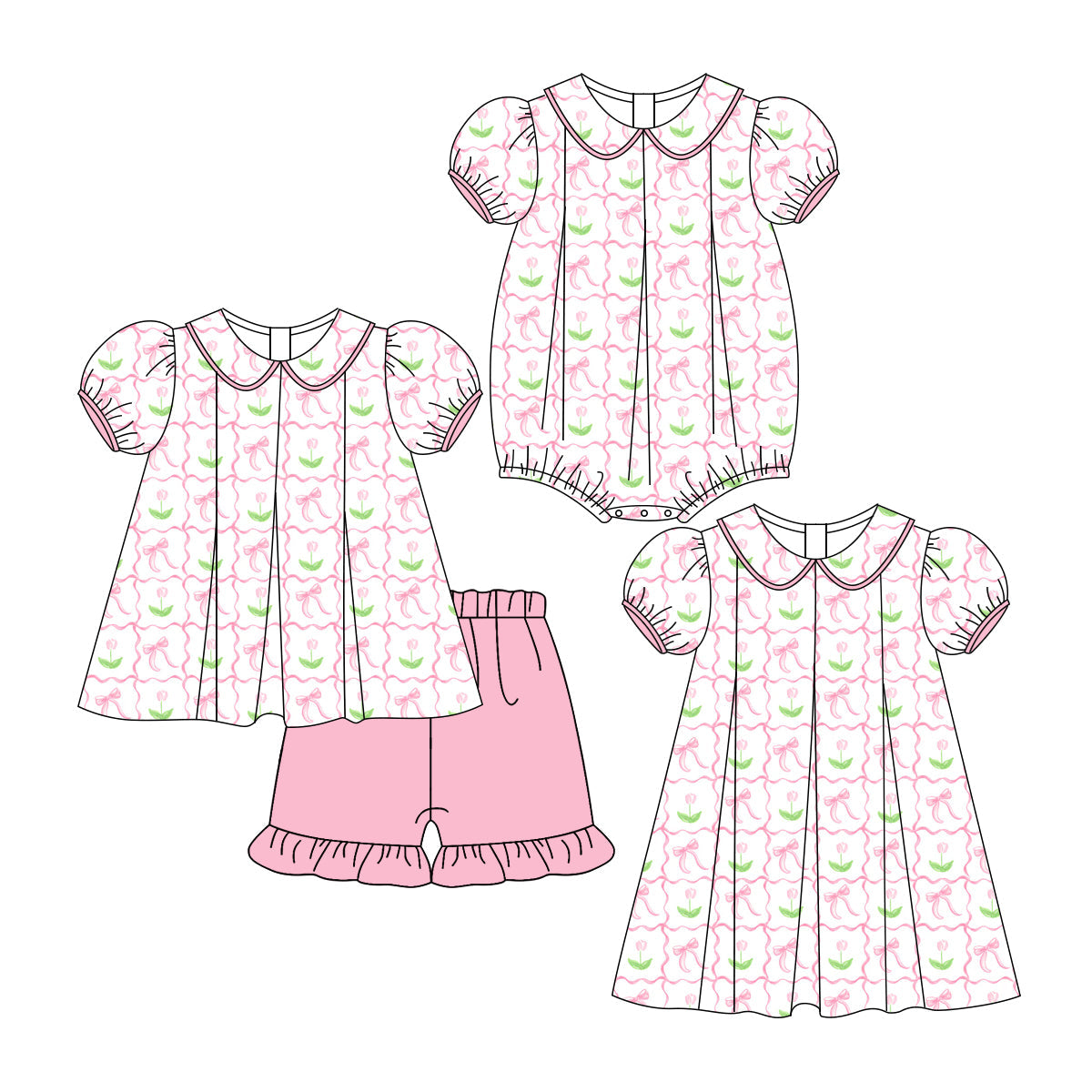 Baby Girl Short Sleeves Flower Bows Pink Sibling Romper Dress Set ( Moq 5 Each Style ) 3.6