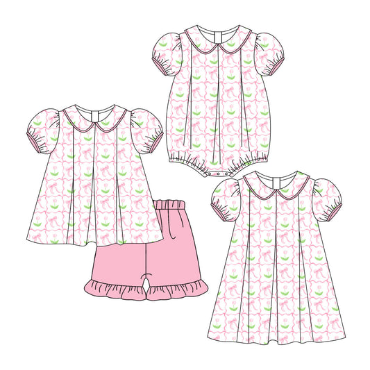 Baby Girl Short Sleeves Flower Bows Pink Sibling Romper Dress Set ( Moq 5 Each Style ) 3.6