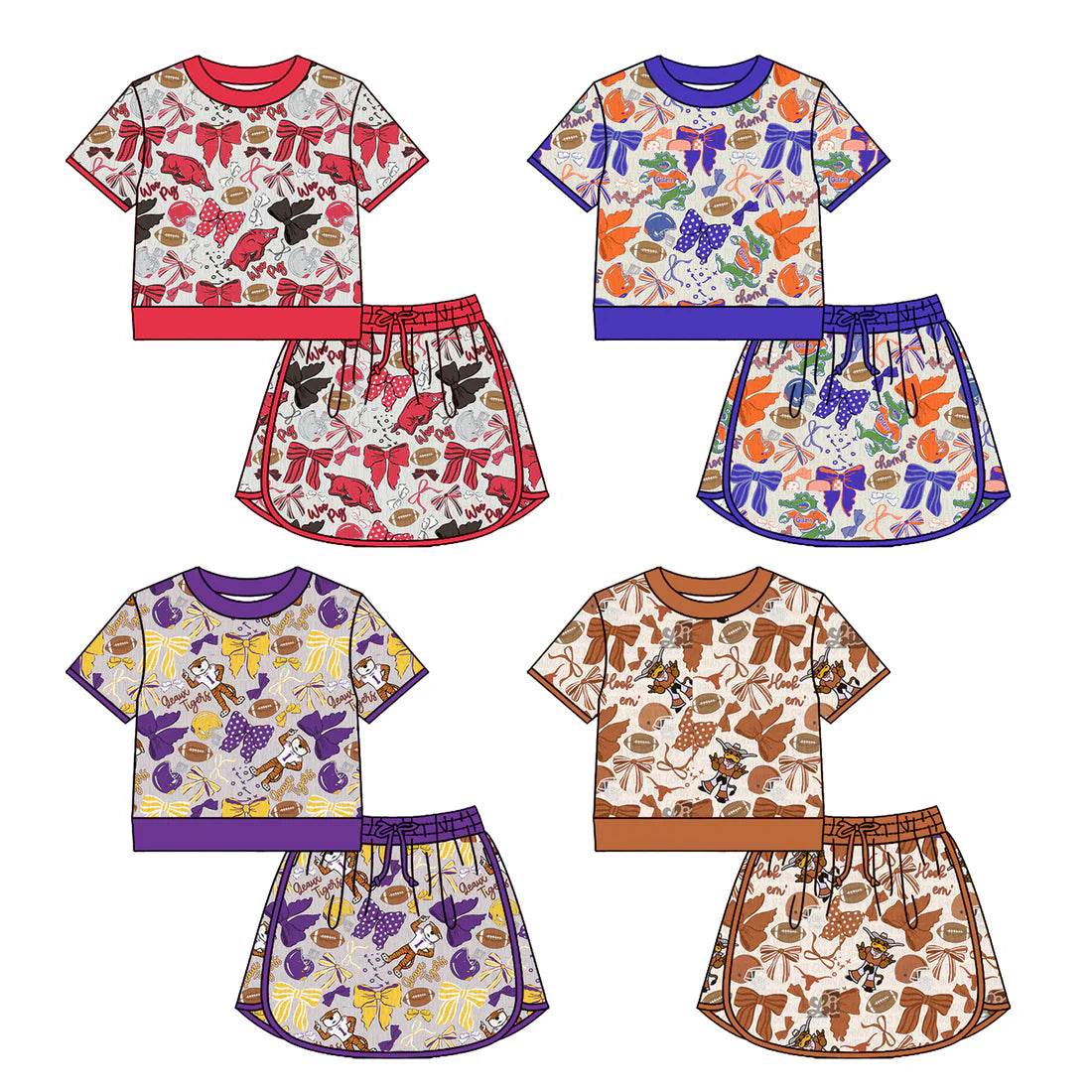 ( Moq 5 Each Style ) Sibling Baby Girls Toddler Short Sleeves Football Bows Team Shirts Shorts Sets