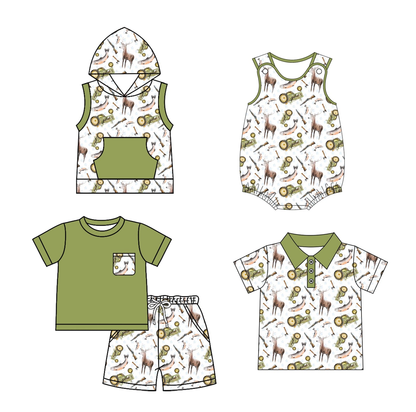 Baby Boy Hunting Deer Fish Sibling Romper Shirt Set ( Moq 5 Each Style ) 2.15