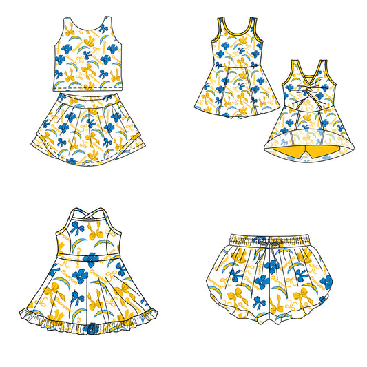 ( Moq 5 Each Style ) Baby Girls Toddler Yellow Blue Bows Team Sibling Shorts Dresses Set Summer Clothing