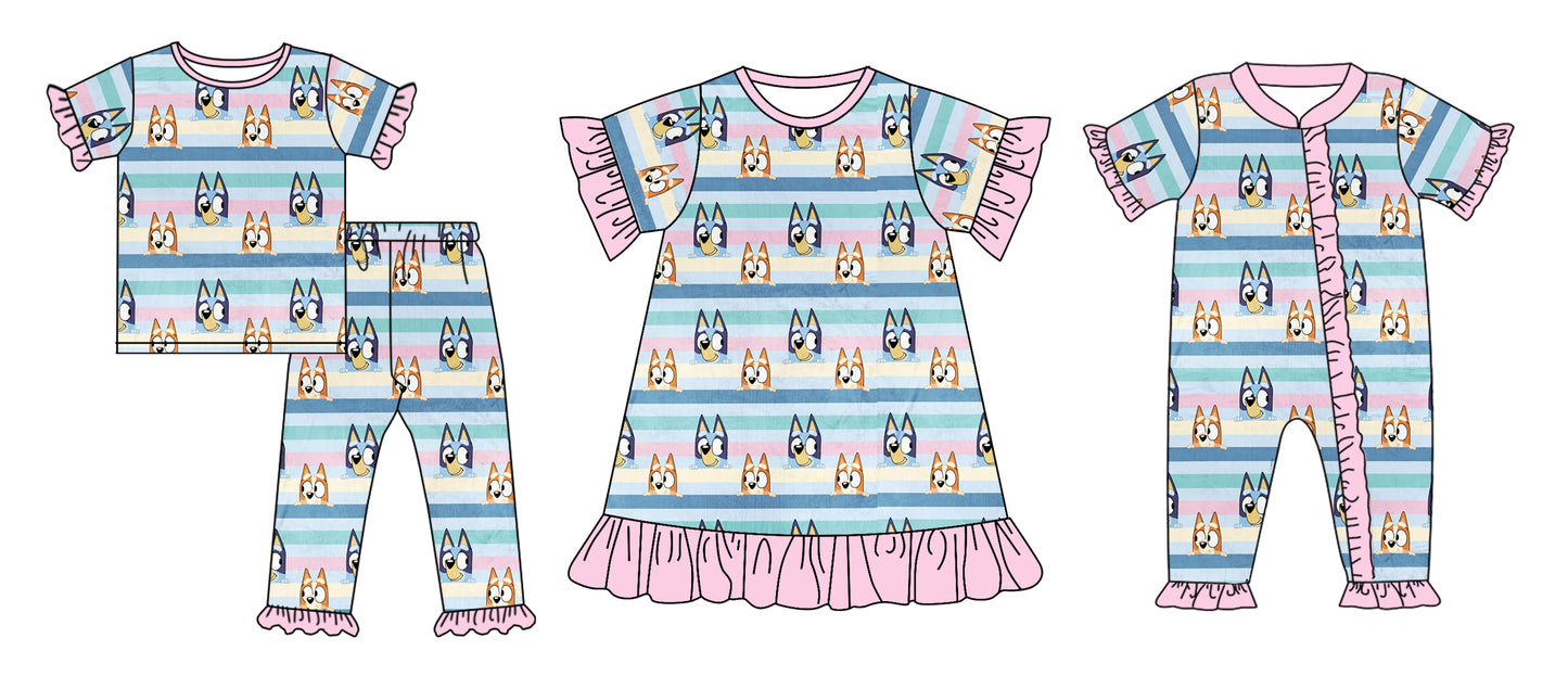 Baby Girl Short Sleeves Dog Stripes Sibling Matching Romper Dress Clothes Set Moq 5 Each Design